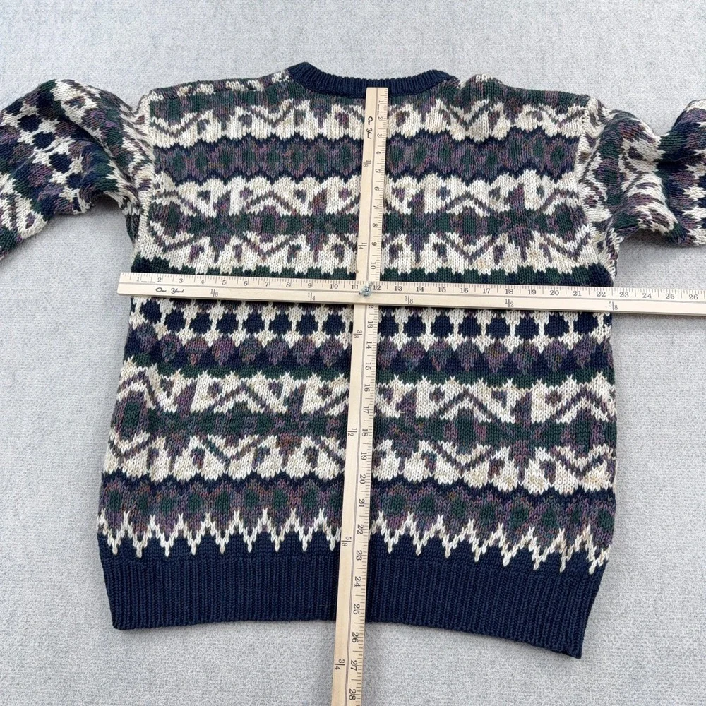 Vintage Grandpa Sweater Men Large Blue Geometric Heavy Knit Crewneck Cotton 90s